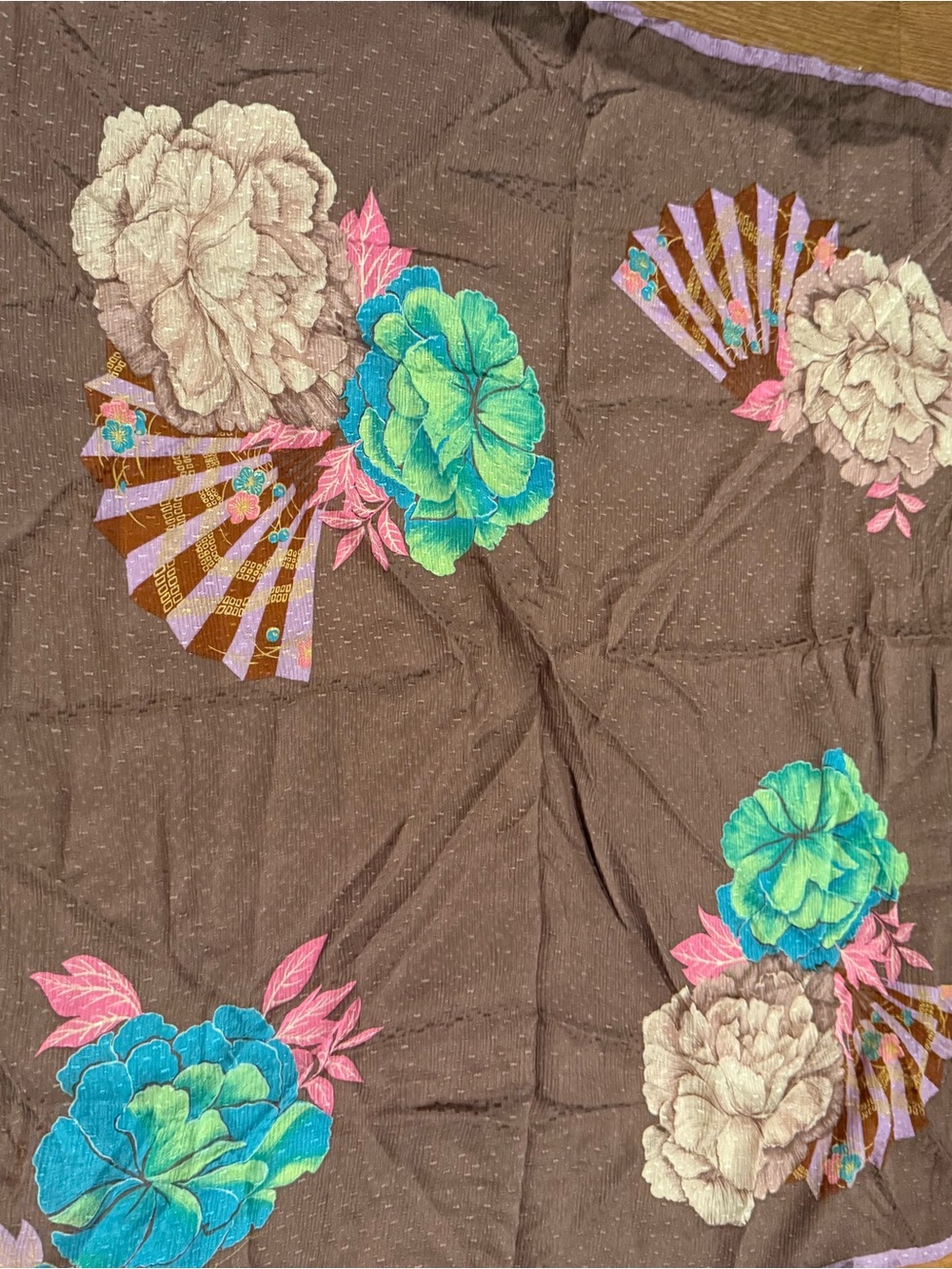 Vintage silk scarf - brown with pink, teal, green flowers
